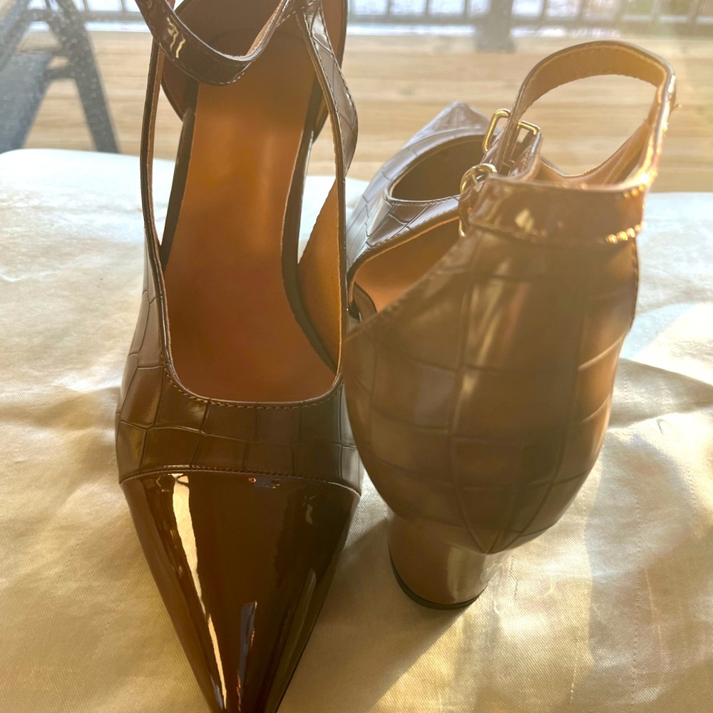Ladies pointed toe chunky heel, brown size 10.5 shoe with a faux snake design.